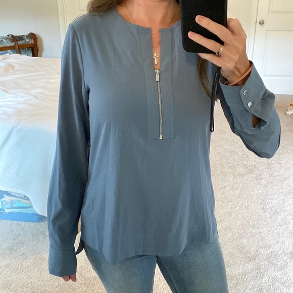 Calvin Klein Split Neck with Zipper Long Sleeve Blouse - Picture 1 of 7